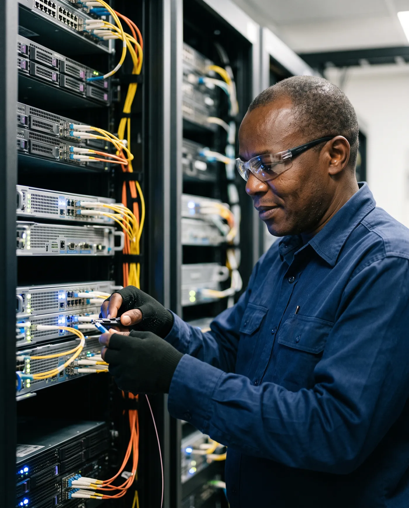 A network engineer terminating fibre in a server rack