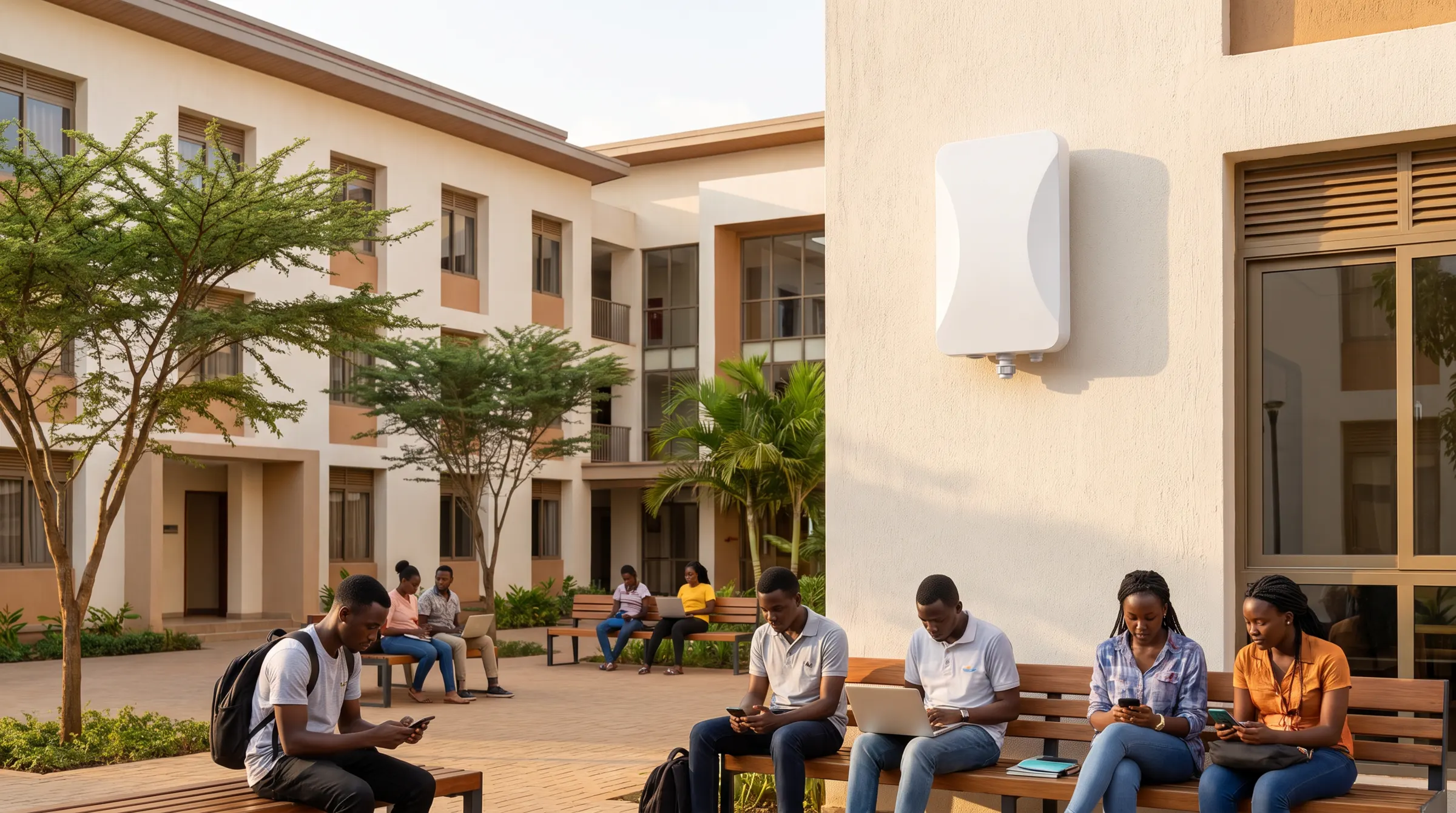A Infinity Outdoor access point on a hostel courtyard wall, students online below