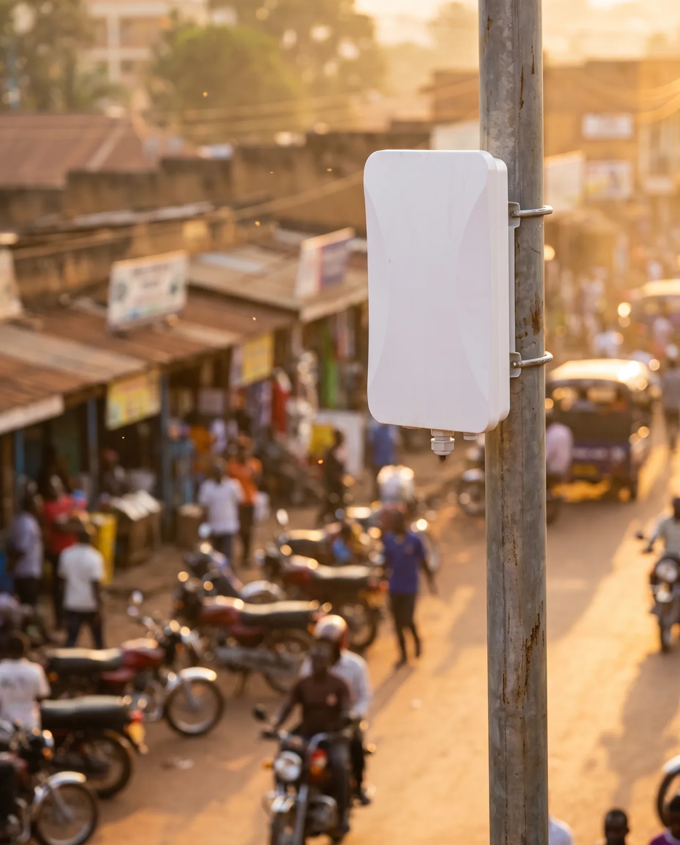 A Infinity Outdoor access point on a pole above a Kampala trading centre